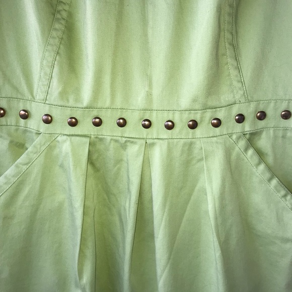 Sandra Darren dress, lime green with brass studs across waist, pockets on front - Picture 4 of 10